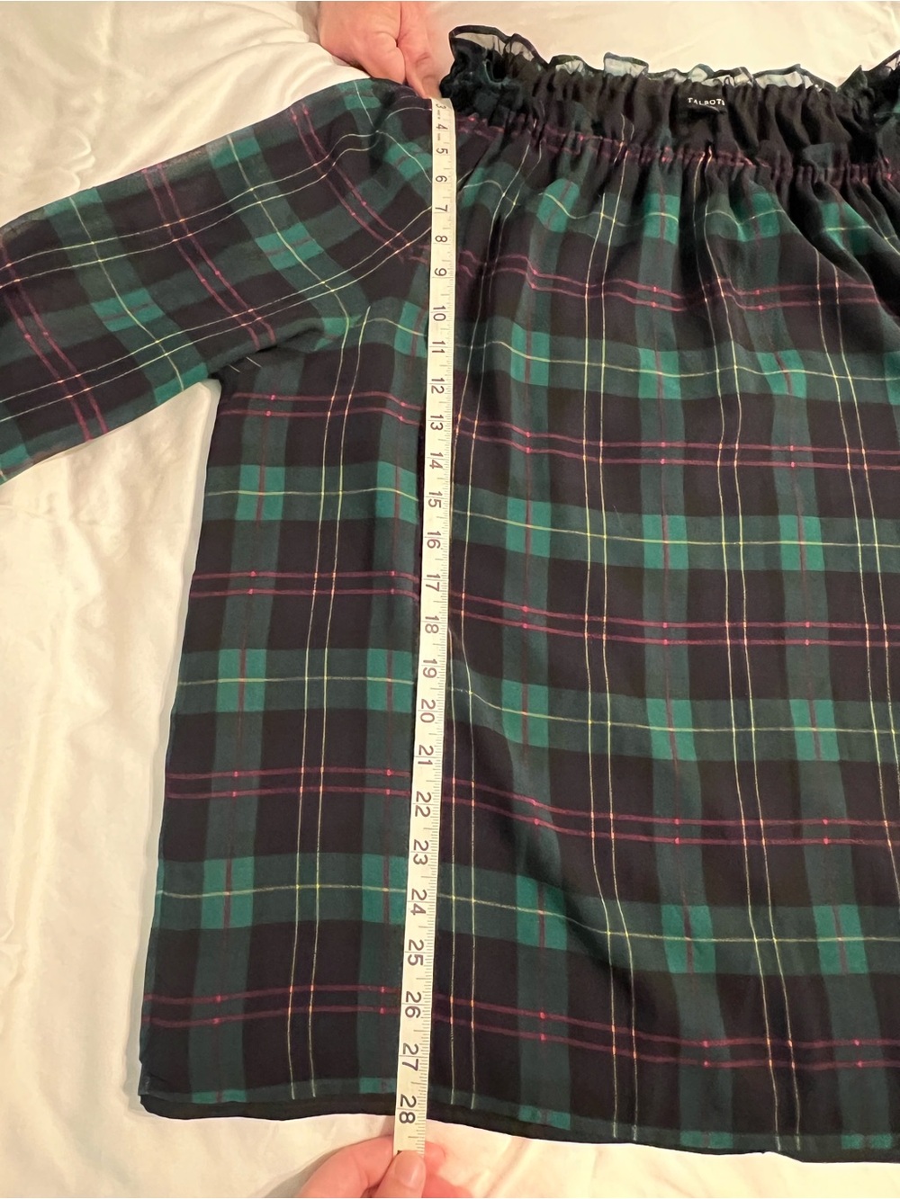 Talbots Black and Green Plaid Off-Shoulder Blouse - Picture 3 of 6